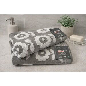 Caro Home Ultra Soft 100% Cotton 2Pc Bath  Towels Gray White Daisy Flower Print